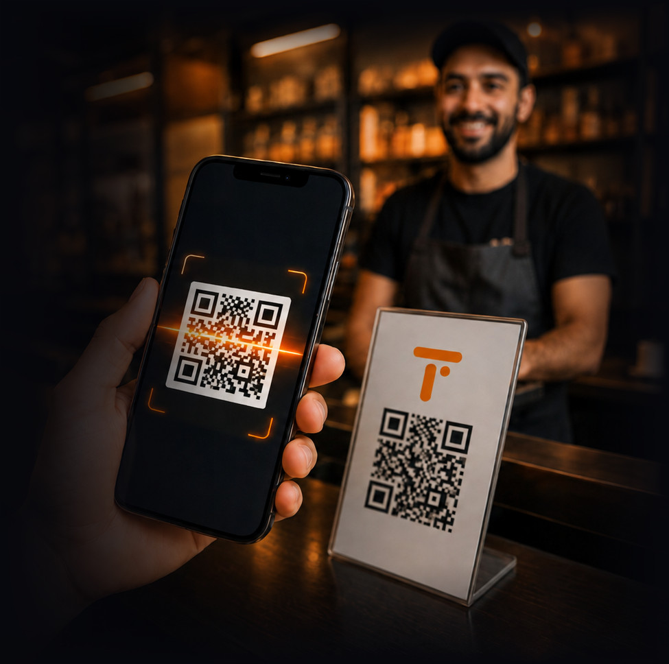 Un client scanne le QR code de fidélité Taplee sur le comptoir du commerce